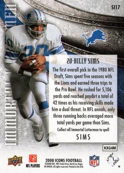 2008 Upper Deck Icons - Immortal Lettermen #SI17-1 Billy Sims - S Back