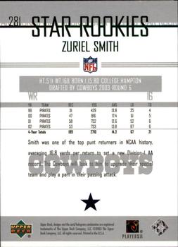 2003 Upper Deck #281 Zuriel Smith Back