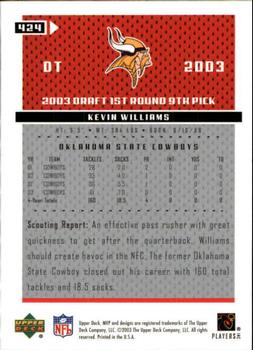 2003 Upper Deck MVP #424 Kevin Williams Back