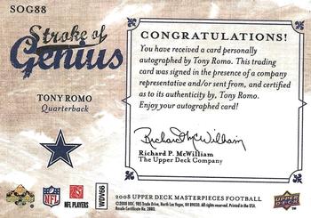 2008 Upper Deck Masterpieces - Stroke of Genius Autographs #SOG88 Tony Romo Back