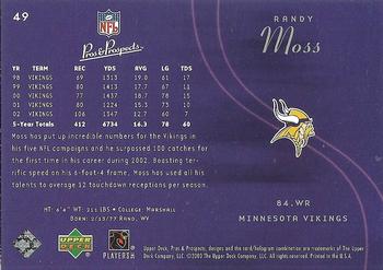 2003 Upper Deck Pros & Prospects #49 Randy Moss Back