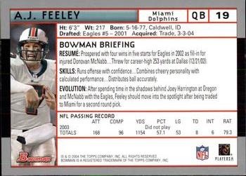 2004 Bowman #19 A.J. Feeley Back