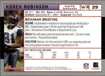 2004 Bowman #29 Koren Robinson Back