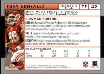 2004 Bowman #42 Tony Gonzalez Back