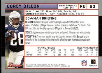 2004 Bowman #53 Corey Dillon Back