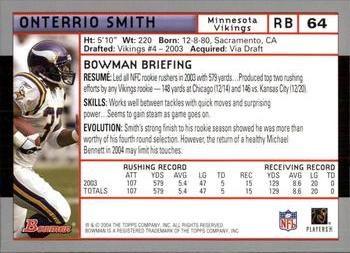 2004 Bowman #64 Onterrio Smith Back