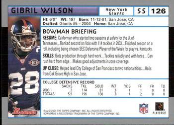 2004 Bowman #126 Gibril Wilson Back