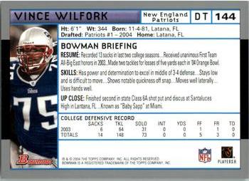 2004 Bowman #144 Vince Wilfork Back
