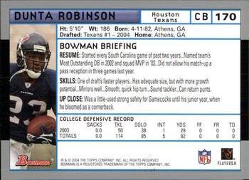2004 Bowman #170 Dunta Robinson Back