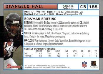 2004 Bowman #185 DeAngelo Hall Back