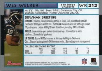2004 Bowman #212 Wes Welker Back