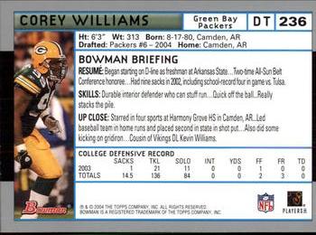 2004 Bowman #236 Corey Williams Back