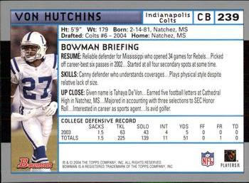 2004 Bowman #239 Von Hutchins Back