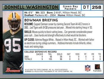 2004 Bowman #258 Donnell Washington Back