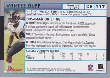 2004 Bowman #117 Vontez Duff Back