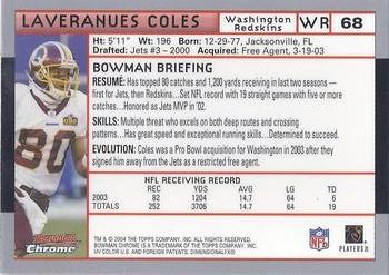 2004 Bowman Chrome #68 Laveranues Coles Back