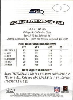 2004 Bowman's Best #31 Koren Robinson Back