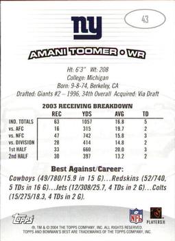 2004 Bowman's Best #43 Amani Toomer Back