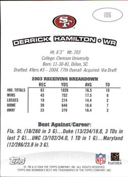 2004 Bowman's Best #106 Derrick Hamilton Back