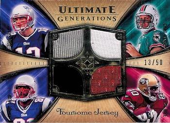 2008 Upper Deck Ultimate Collection - Ultimate Generations Foursomes Jerseys Gold #UFGJ-2 Tom Brady / Chad Henne / Randy Moss / Jerry Rice Front