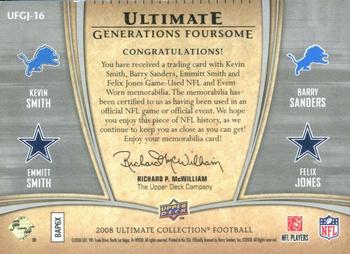 2008 Upper Deck Ultimate Collection - Ultimate Generations Foursomes Jerseys Patch Holofoil #UFGJ-16 Emmitt Smith / Barry Sanders / Felix Jones / Kevin Smith Back