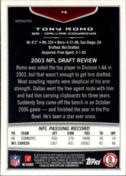 2009 Bowman Chrome - Refractors #4 Tony Romo Back
