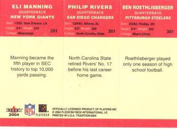 2004 Fleer Tradition #351 Eli Manning / Philip Rivers / Ben Roethlisberger Back