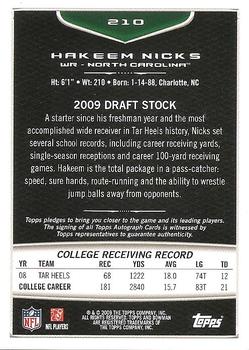 2009 Bowman Draft Picks - Rookie Autographs #210 Hakeem Nicks Back