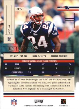 2004 Playoff Absolute Memorabilia #85 Ty Law Back