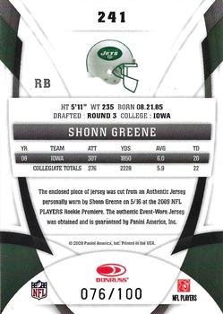 2009 Donruss Certified - Freshman Fabric Jumbo #241 Shonn Greene Back