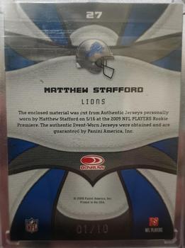2009 Donruss Certified - Rookie Fabric of the Game Team Die Cut Prime #27 Matthew Stafford Back