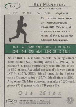 2004 SAGE HIT #10 Eli Manning Back