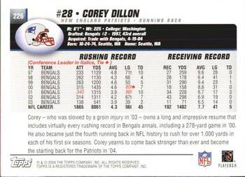 2004 Topps #226 Corey Dillon Back