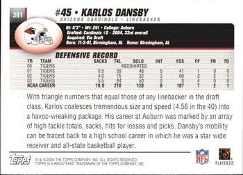 2004 Topps #381 Karlos Dansby Back