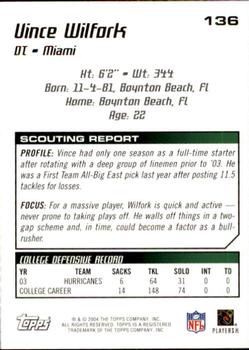 2004 Topps Draft Picks & Prospects #136 Vince Wilfork Back