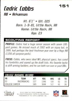 2004 Topps Draft Picks & Prospects #151 Cedric Cobbs Back