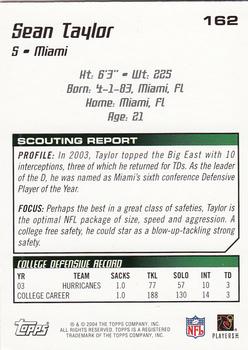 2004 Topps Draft Picks & Prospects #162 Sean Taylor Back
