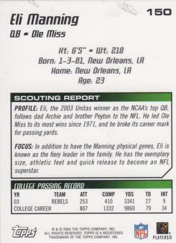 2004 Topps Draft Picks & Prospects #150 Eli Manning Back