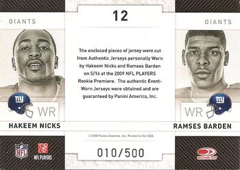 2009 Donruss Threads - Rookie Collection Materials Combo #12 Hakeem Nicks / Ramses Barden Back