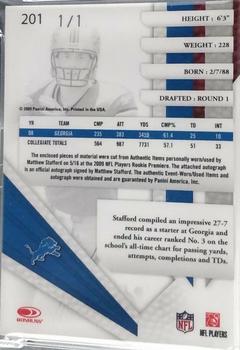 2009 Playoff Absolute Memorabilia - Rookie Premiere Materials Autographs NFL Shield #201 Matthew Stafford Back