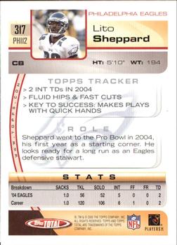 2005 Topps Total #317 Lito Sheppard Back