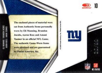 2009 Playoff National Treasures - Champions Materials Quads #10 Eli Manning / Brandon Jacobs / Aaron Ross / Amani Toomer Back