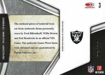 2009 Playoff National Treasures - Champions Materials Trios #3 Fred Biletnikoff / Willie Brown / Ted Hendricks Back