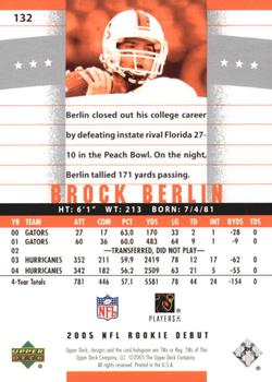 2005 Upper Deck Rookie Debut #132 Brock Berlin Back