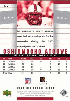 2005 Upper Deck Rookie Debut #170 Oshiomogho Atogwe Back