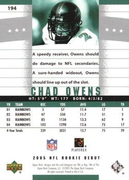 2005 Upper Deck Rookie Debut #194 Chad Owens Back