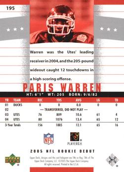 2005 Upper Deck Rookie Debut #195 Paris Warren Back