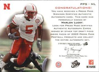 2009 Press Pass - Press Pass Signings Bronze #PPS-ML Marlon Lucky Back