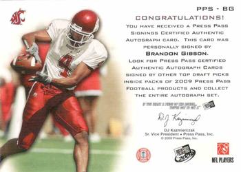 2009 Press Pass - Press Pass Signings Silver #PPS-BG Brandon Gibson Back