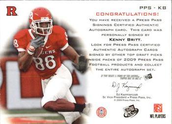 2009 Press Pass - Press Pass Signings Silver #PPS-KB Kenny Britt Back